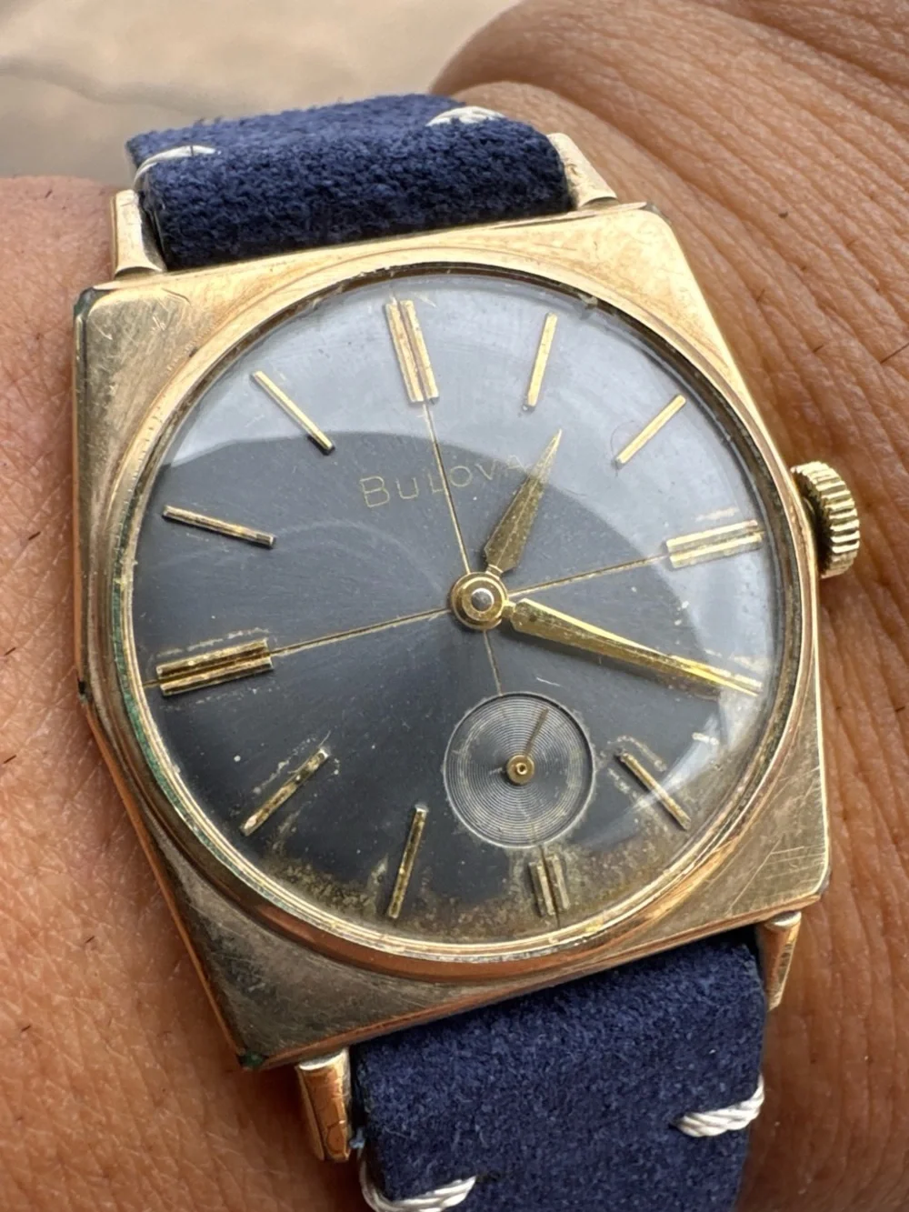 Bulova Gold and Blue Dial Vintage Manual Wind Rare Men's Watch